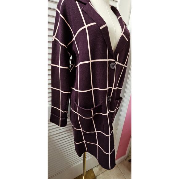 New NINE WEST Sweater‎ Long Coat Cardigan Duster Deep Purple Plaid Rayon Small 4 - Picture 2 of 3